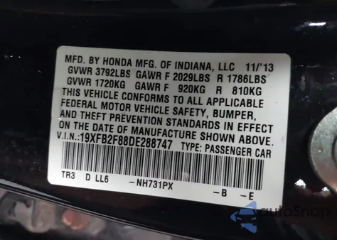 2013 Honda Civic Ex z USA, uszkodzony, nr VIN 19XFB2F88DE288747